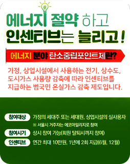 에너지 절약하고 인센티브는 늘리고!
에너지 분야 탄소중립포인트제란?
가정, 상업시설에서 사용하는 전기, 상수도,
도시가스 사용량 감축에 따라 인센티브를
지급하는 범국민 온실가스 감축 제도입니다.
참여대상 : 가정의 세대주 또는 세대원, 상업시설의 실사용자
※ 서울시 거주자는 에코마일리지로 참여
참여시기 : 상시 참여 가능(회원 탈퇴시까지 참여)
인센티브 : 연간 최대 10만원, 1년에 2회 지급(6월, 12월)